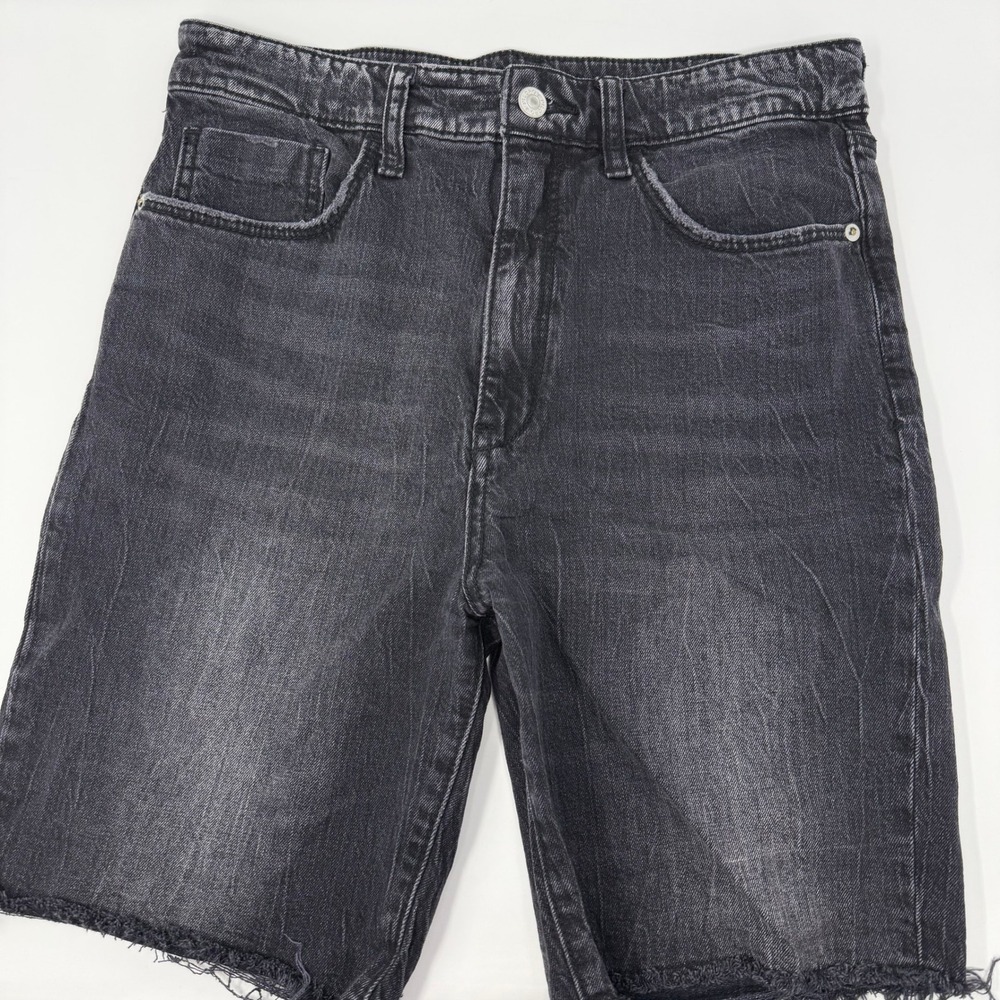 Pilcro Anthropologie High Rise Bermuda Black Denim Shorts 28 Frayed Hem